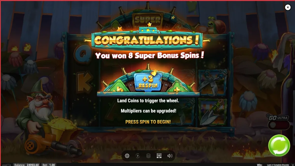 Tampilan visual slot Lawn N’ Complete Disorder dengan tema taman yang terbakar dan gnome.